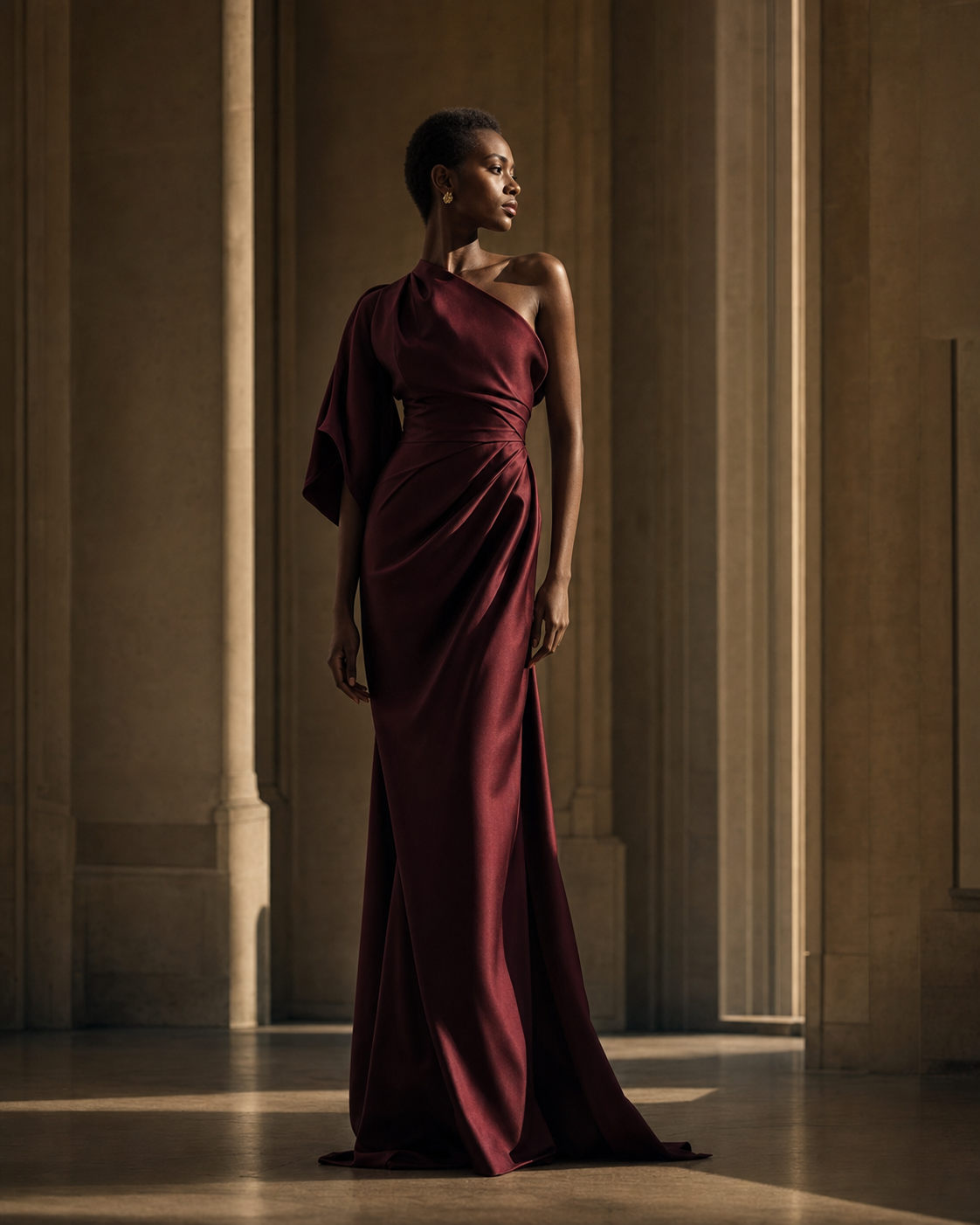 Model wearing an oxblood sculptural gown in an architectural gallery